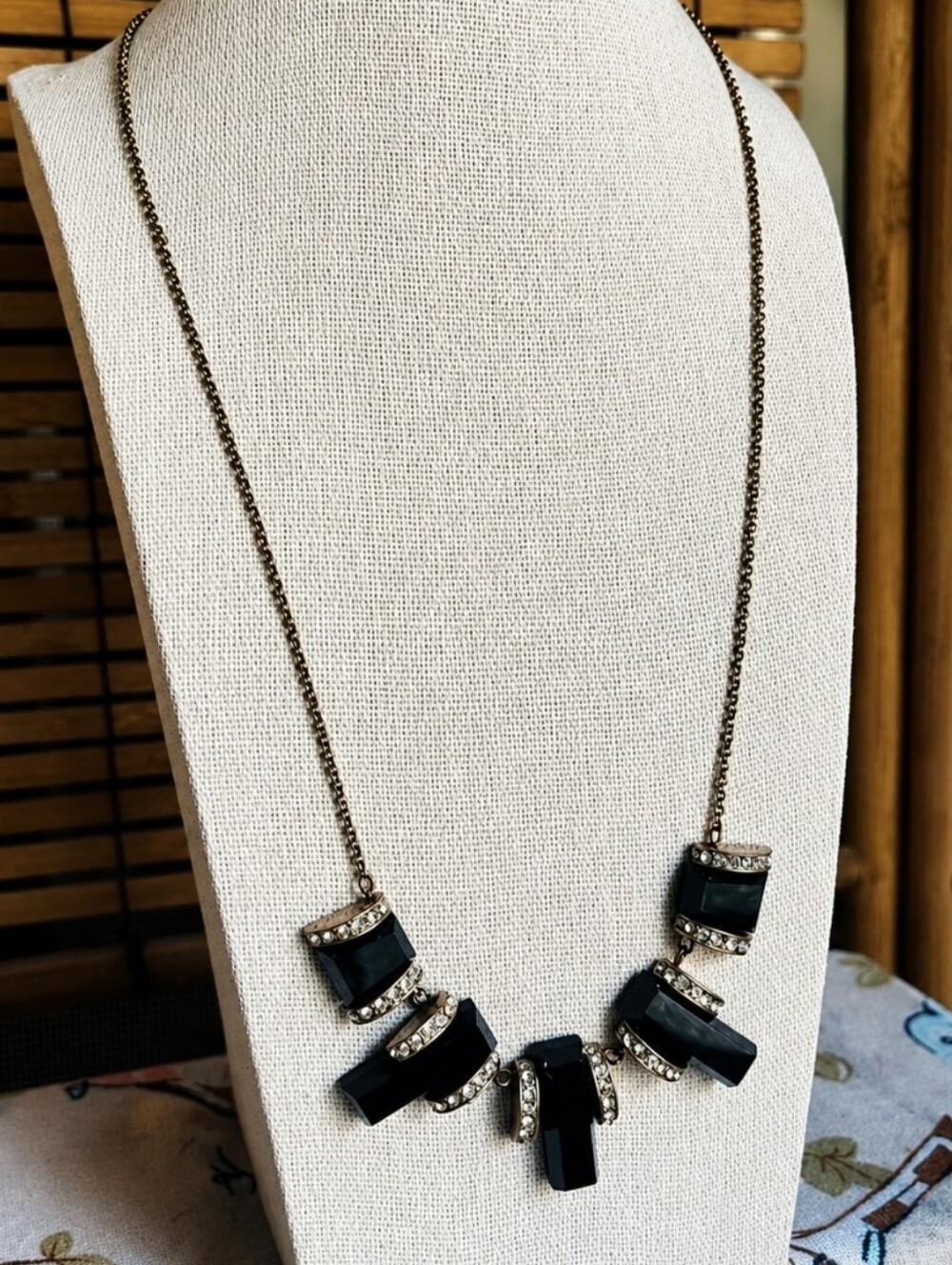 J. Crew Art Deco Jet Black Lucite Acrylic Oxidized Brass Tone Statement Necklace